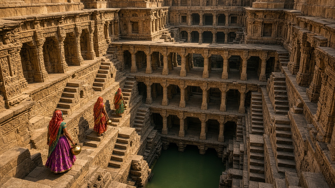 View down into an ancient carved sandstone stepwell with many levels of pillared galleries and zig-zag steps leading to green water, and women in bright ghagras and odhnis carrying brass pots down the steps