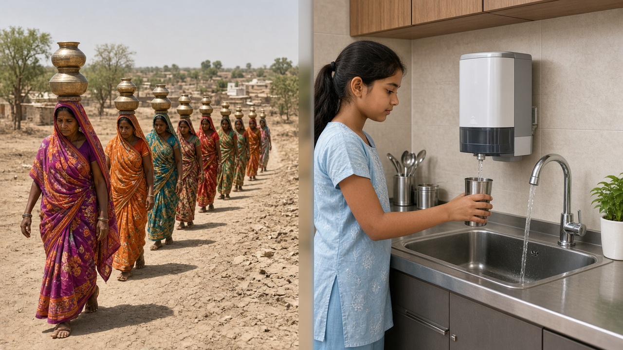Split image with a line of village women in colourful saris carrying stacked brass water pots on their heads along a dry dusty path on the left, and a girl filling a steel glass from a wall-mounted water purifier beside a running kitchen tap on the right
