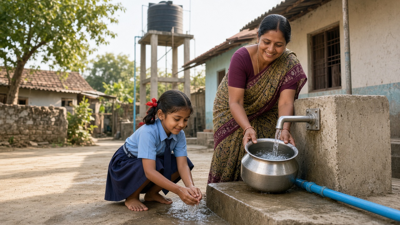 Smiling village woman in a sari filling a steel pot from a new household tap on a concrete stand connected to a blue pipeline, while her daughter in a school uniform washes her hands, with an overhead water tank on pillars in the background