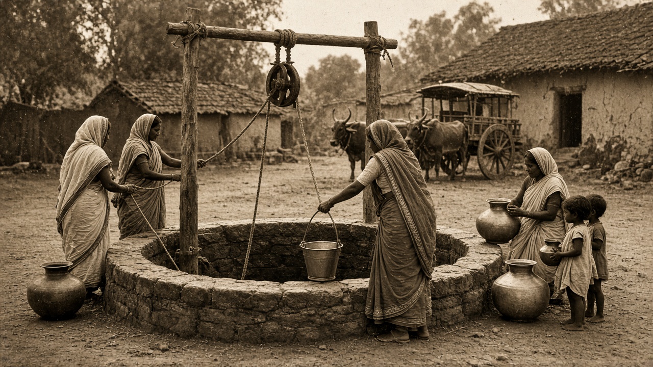 Sepia 1950s village scene where women in cotton saris draw water from a round stone-rimmed well with ropes, a wooden pulley frame, and a metal bucket, with brass and clay pots, waiting children, a bullock cart, and mud houses nearby