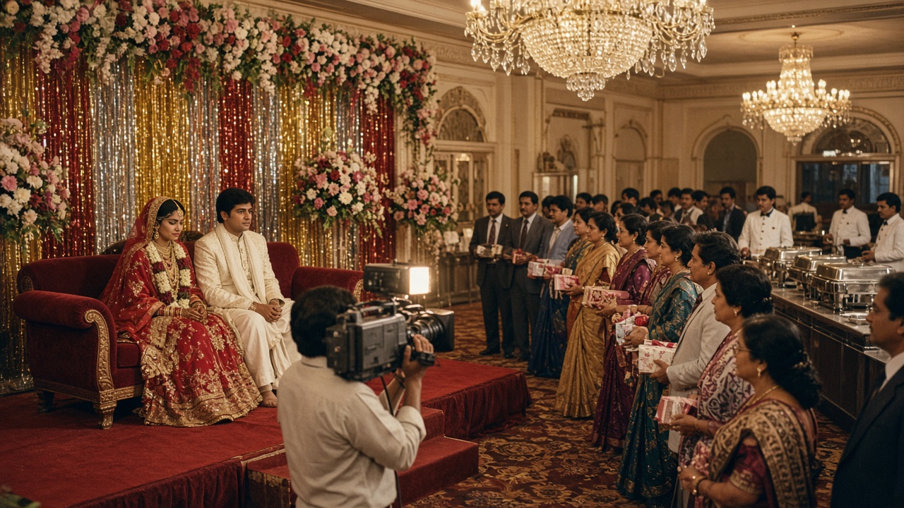 1980s banquet hall reception where a bride in a heavy red sari and a groom in a cream sherwani sit on a red velvet sofa on a flower-and-tinsel stage, a videographer films them with a bulky shoulder camera and light, guests in saris and suits queue with gift boxes, and waiters stand by steel buffet dishes under chandeliers