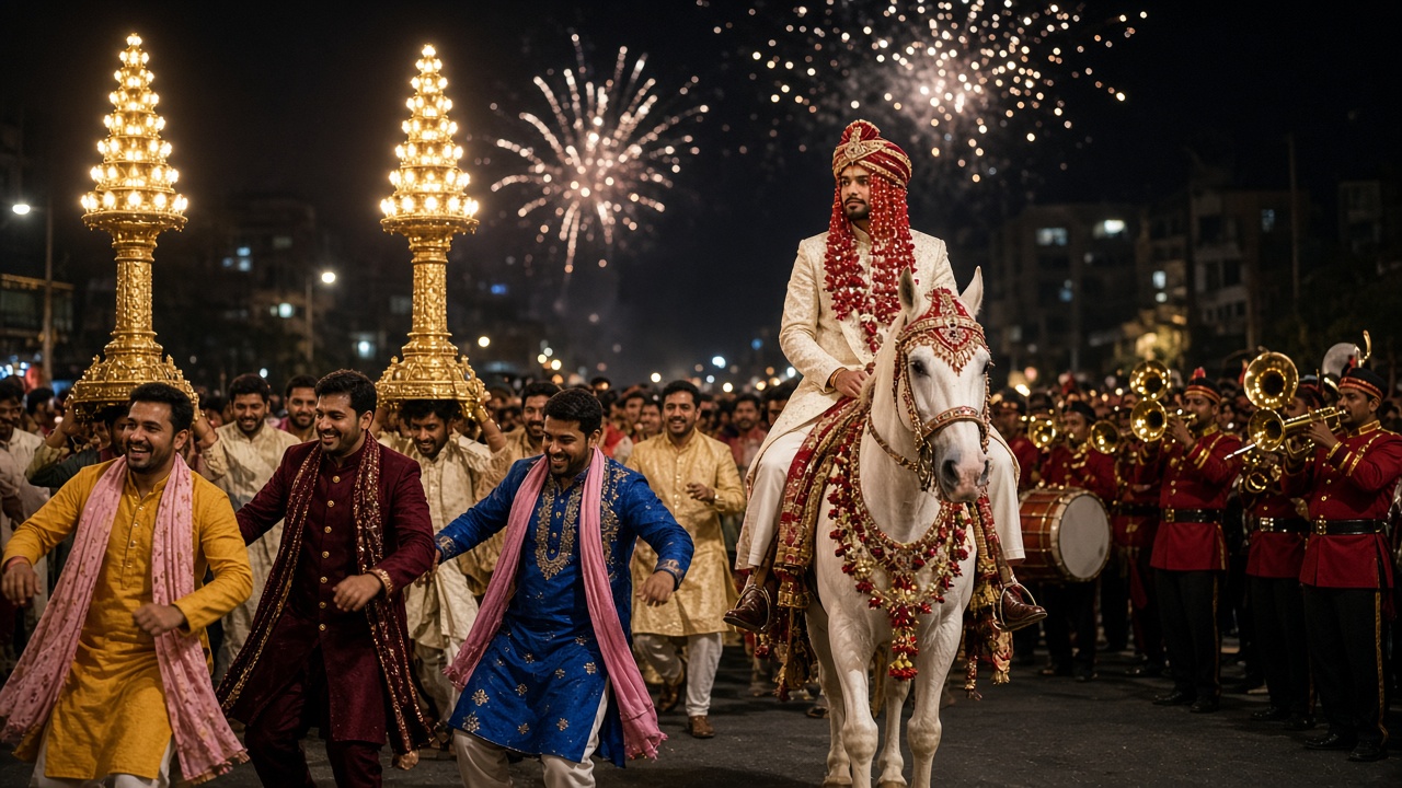 Night baraat procession with the groom in a cream sherwani, red turban, and flower sehra riding a decorated white mare, relatives in colourful kurtas dancing in front, a brass band in red uniforms playing, men carrying tall golden light stands, and fireworks in the sky