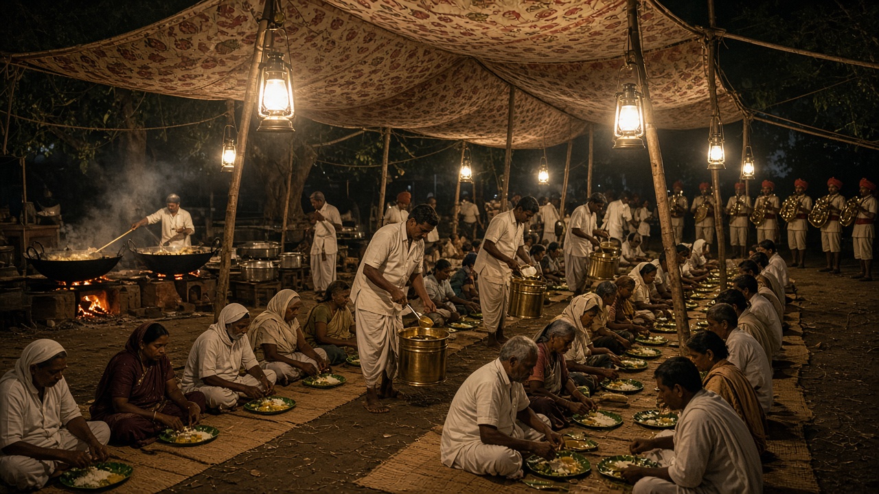 1950s village wedding feast at night with rows of villagers seated on jute mats under a patterned cloth shamiana eating from leaf plates, volunteers serving from brass buckets, petromax lanterns hanging from bamboo poles, a cook stirring huge iron kadhais over wood fires, and a brass band in red uniforms at the back