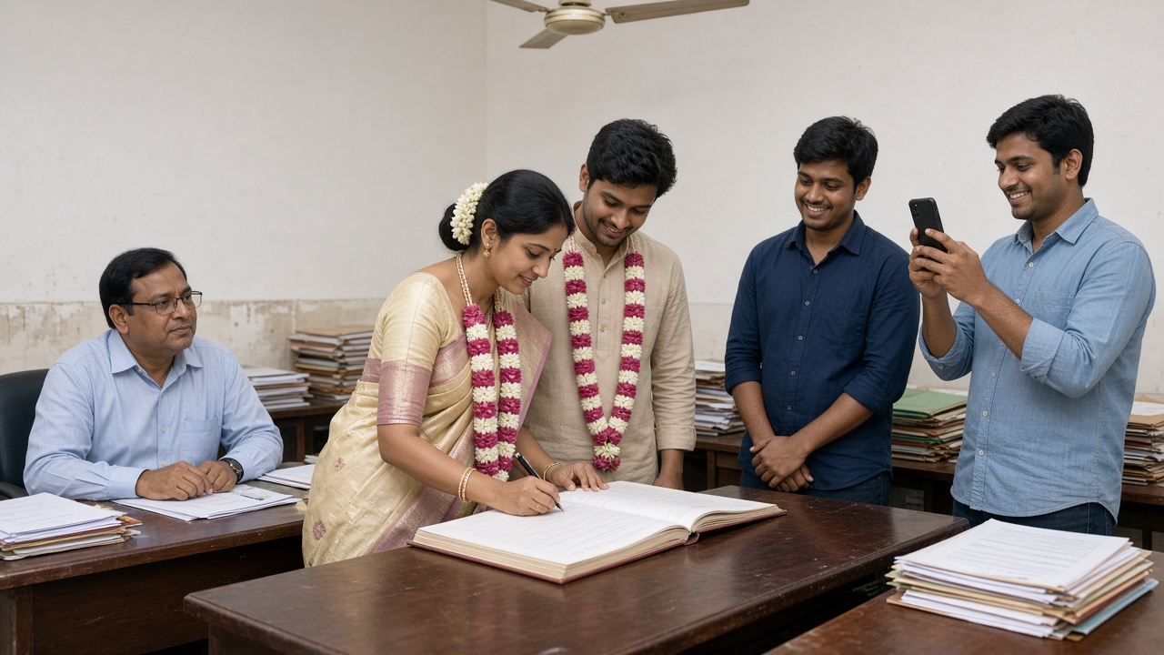 Marriage registrar office where a young woman in a cream silk saree and a young man in a kurta, both wearing rose garlands, stand at a wooden desk as she signs a large register, a registrar in spectacles sits beside files, and two smiling friends act as witnesses, one taking a photo on his phone