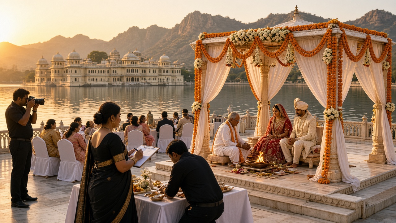 Lakeside palace destination wedding at golden hour with a marigold-draped mandap on a marble terrace where the couple sits before a priest and a sacred fire, guests on white chairs, a wedding planner with a clipboard, a photographer with a DSLR, and a white palace and rocky hills across the lake