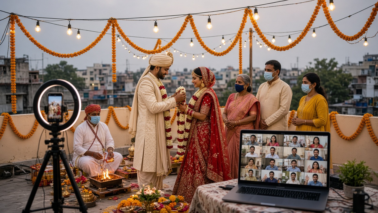 Small rooftop wedding decorated with marigold garlands and string lights where the bride and groom exchange garlands, a priest and a few relatives wear face masks, a smartphone on a ring-light tripod streams the ceremony, and a laptop on a table shows a grid of relatives waving on a video call