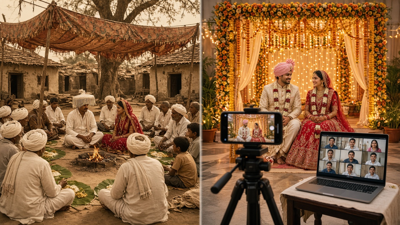 Split image with a 1950s village community wedding under a cloth shamiana where turbaned villagers sit on the ground with leaf plates around a small sacred fire beside the bride and groom on the left, and a modern couple at a marigold-and-fairy-light mandap being filmed by a smartphone on a tripod with a laptop showing relatives on a video call on the right