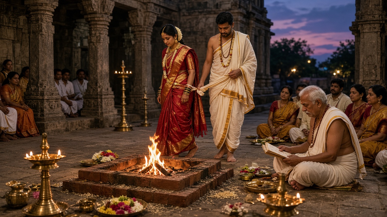Traditional wedding in an old stone temple courtyard at dusk, where a bride in a red and gold silk sari and a groom in a cream dhoti with an angavastram, their garments tied together, walk around a sacred fire in a brick havan kund while an elderly priest reads from a book, with brass lamps, flowers, and seated relatives around them