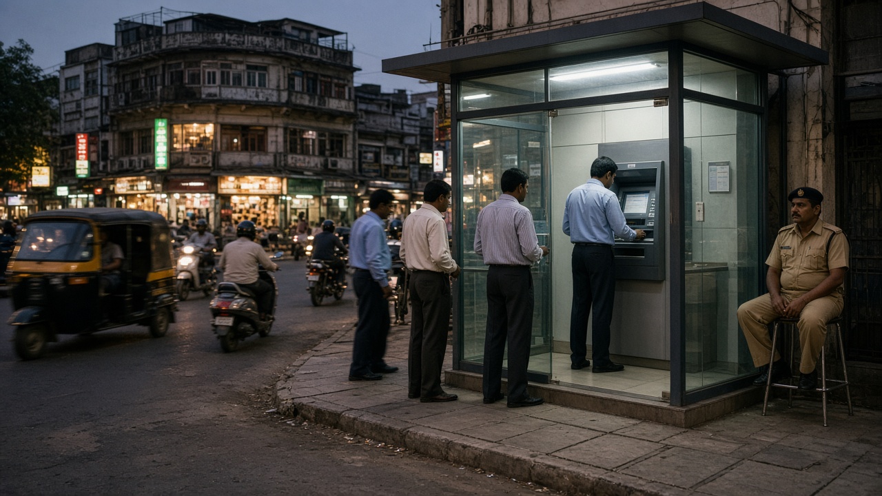 Indian city street at dusk with a glass-fronted ATM kiosk where a man withdraws cash while others queue and a security guard sits outside, with auto-rickshaws passing