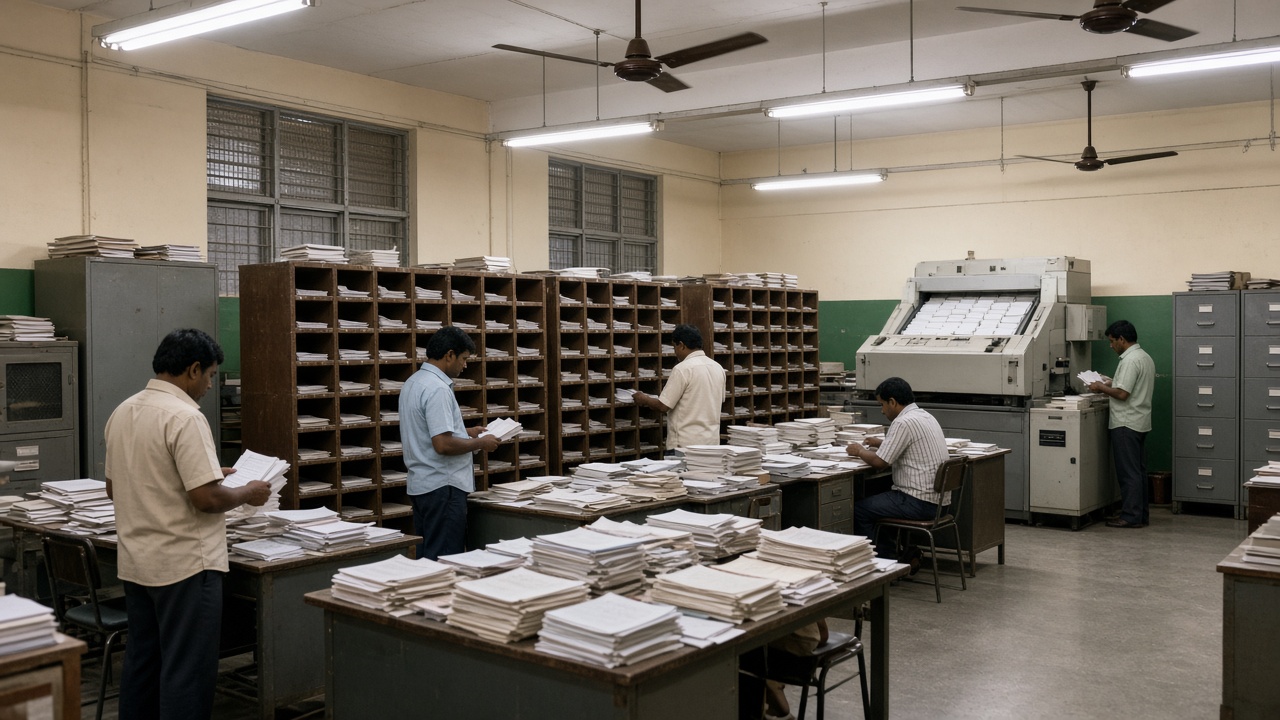 1980s Indian cheque clearing house with clerks sorting paper cheques into wooden pigeonhole racks and a large MICR cheque-sorting machine in the corner