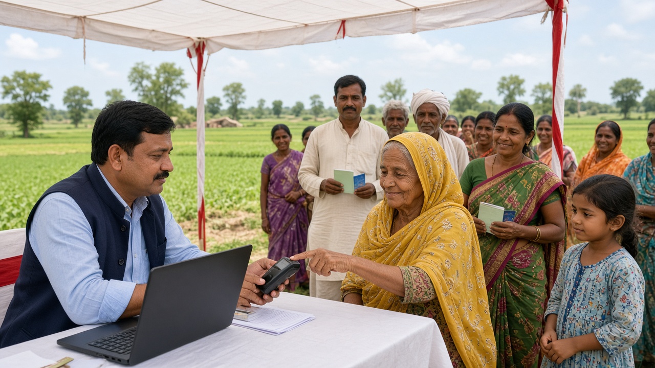 Village financial inclusion camp where a banking correspondent with a laptop and fingerprint scanner helps an elderly woman open a bank account as villagers hold new passbooks