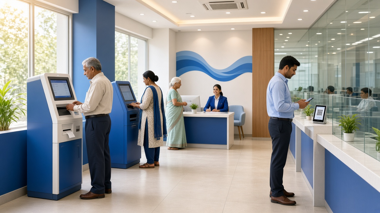 Modern Indian bank branch with customers using passbook printers and kiosks, a staff member at a help desk, and a customer scanning a QR code on a phone