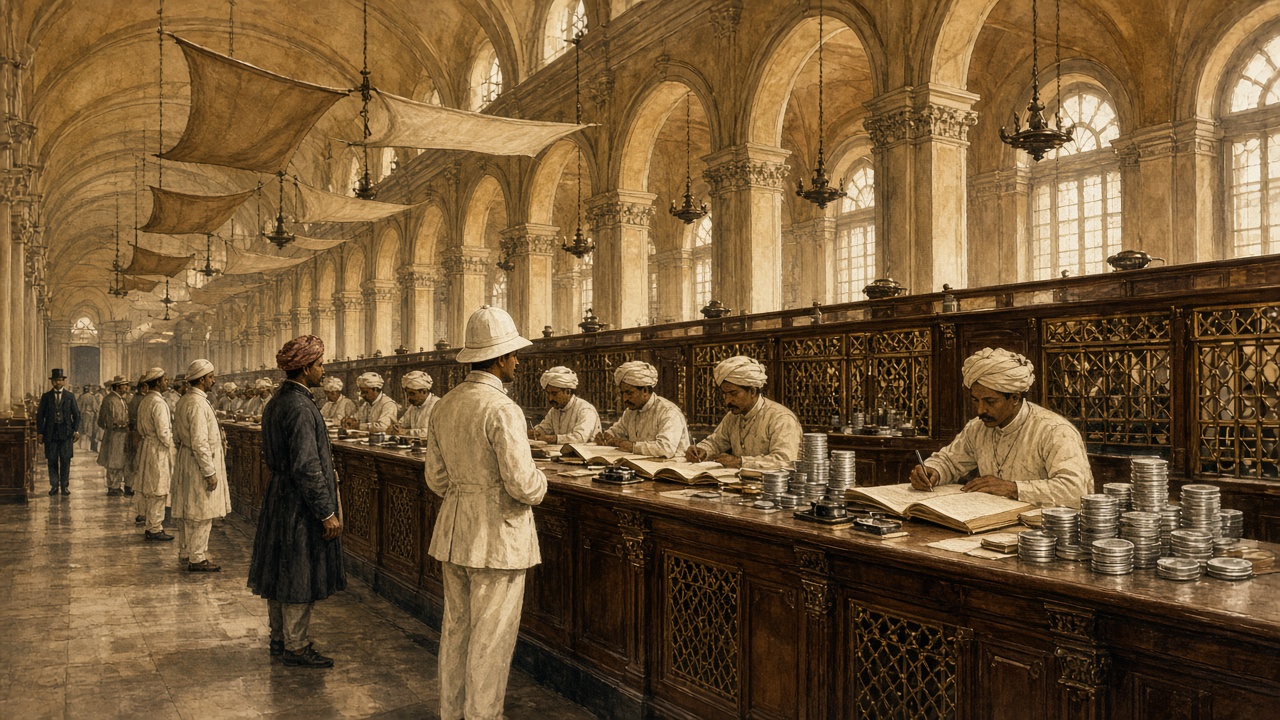 Grand 19th-century colonial banking hall with arched ceilings, punkahs, and Indian clerks in turbans writing in ledgers behind wooden counters stacked with silver coins
