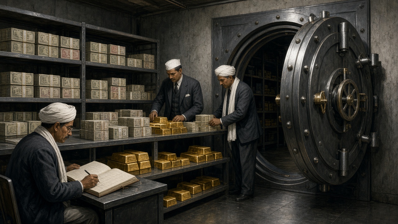 1940s central bank vault with a huge round steel door open, officials checking bundles of banknotes and gold bars, and a clerk writing in a ledger