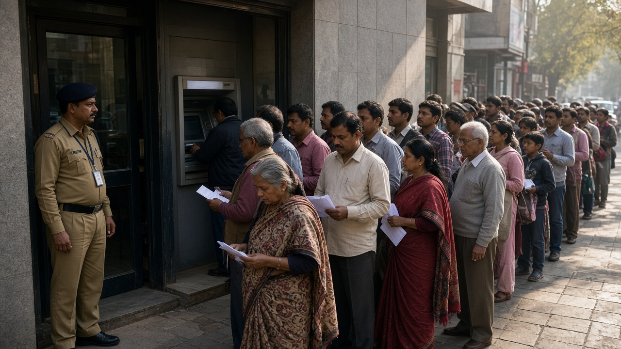 Long queue of people holding forms and documents outside a bank branch and ATM in an Indian city, with a security guard at the door