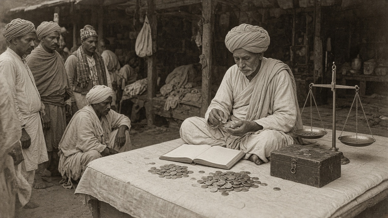 Early 1900s moneychanger in a turban counting copper pice and silver rupee coins beside a brass scale, ledger, and cash box as customers wait