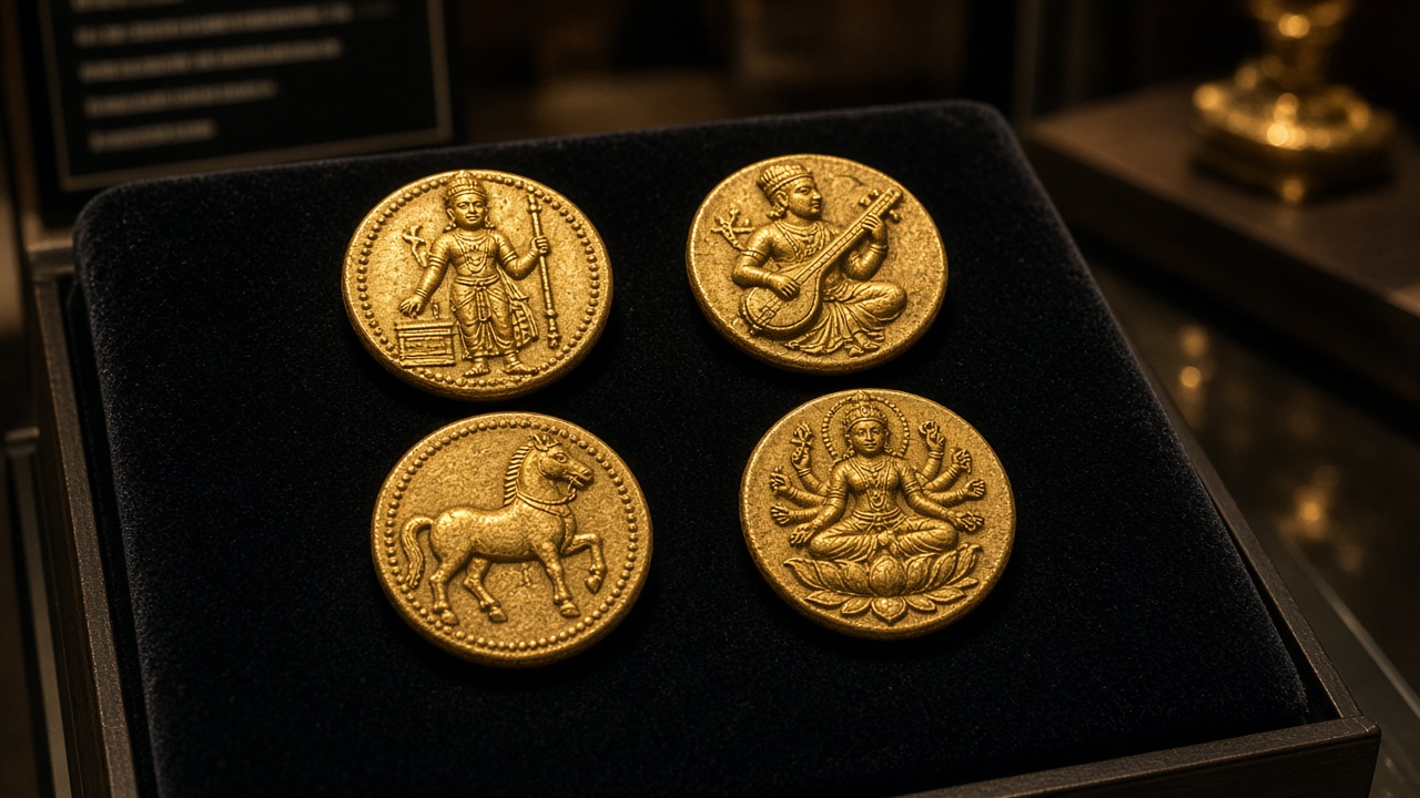 Four ancient gold coins on dark velvet showing a king at an altar, a king playing a veena, a horse, and a goddess on a lotus