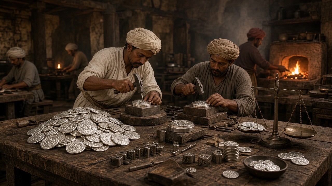 Craftsmen in turbans hammering silver blanks between dies to strike rupee coins in a medieval mint with a furnace, scales, and piles of silver coins