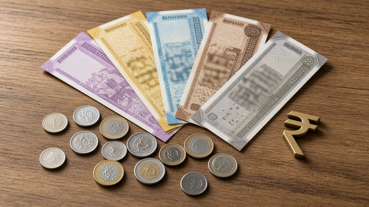 Colourful modern rupee-style banknotes fanned out with steel and bimetallic coins and a brass rupee symbol on a wooden table