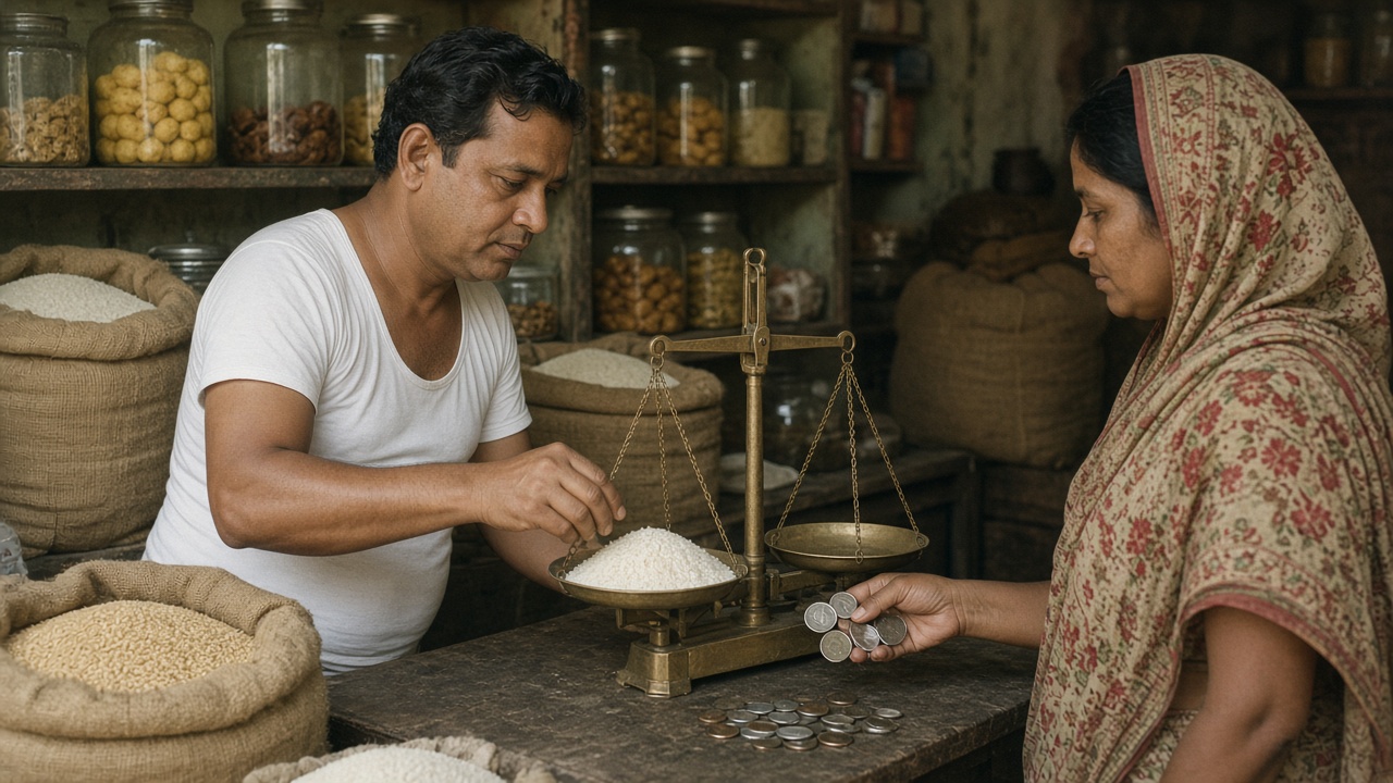 1960s village grocery shopkeeper weighing rice on a brass scale while a woman in a saree pays with small aluminium and copper-nickel coins