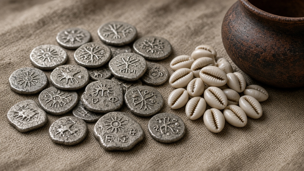 Ancient silver punch-marked coins stamped with sun, tree, and animal symbols scattered on cloth beside cowrie shells and a clay pot