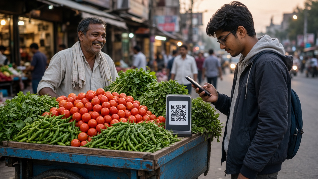 Young customer scanning a QR code on a street vegetable vendor’s cart with a smartphone to pay while the vendor smiles