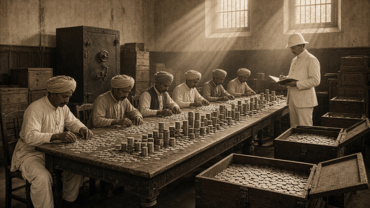 1890s colonial treasury where Indian clerks count and stack silver rupee coins while a British official checks a ledger beside chests of coins