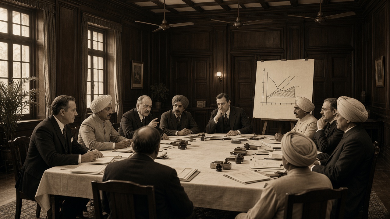 1920s currency commission meeting with British and Indian officials around a long table covered in papers beside an exchange-rate chart on an easel