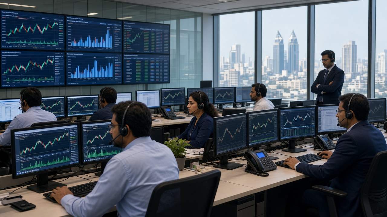 Traders with headsets in a Mumbai bank foreign exchange dealing room watching screens of currency charts with the city skyline outside
