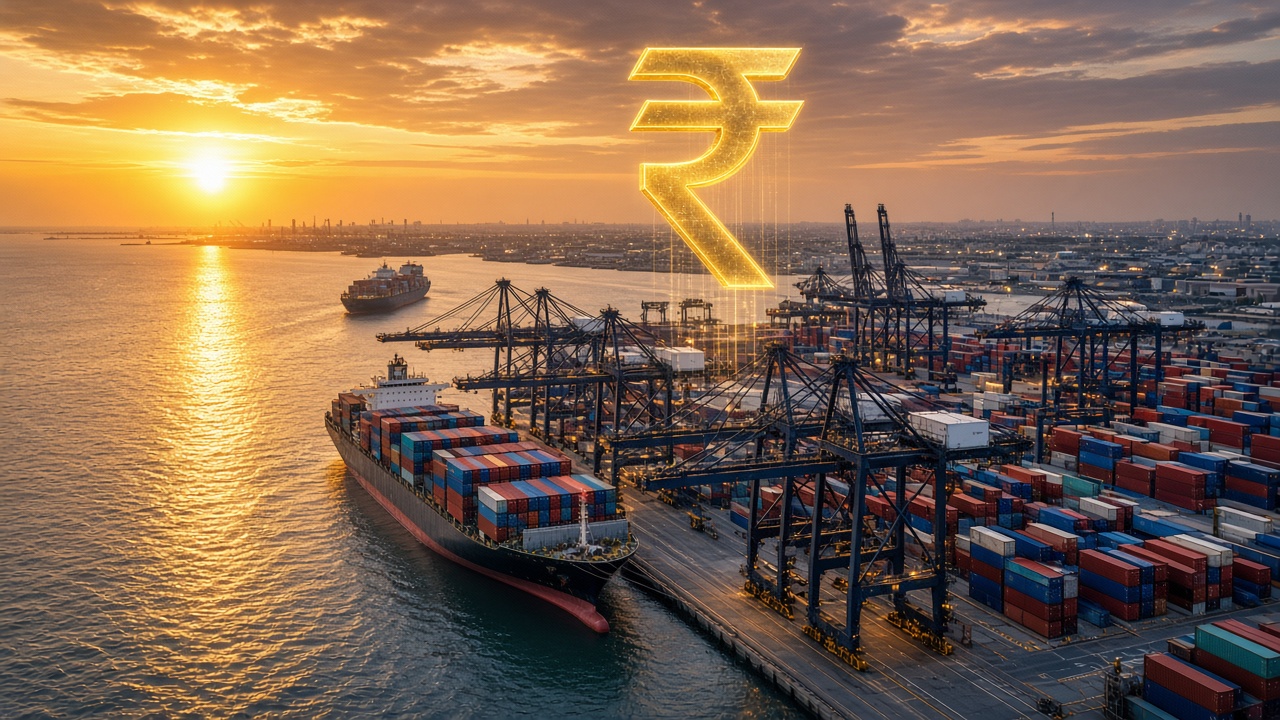 Aerial view of a large Indian container port at sunset with cargo ships, stacked containers, and cranes beneath a glowing golden rupee symbol