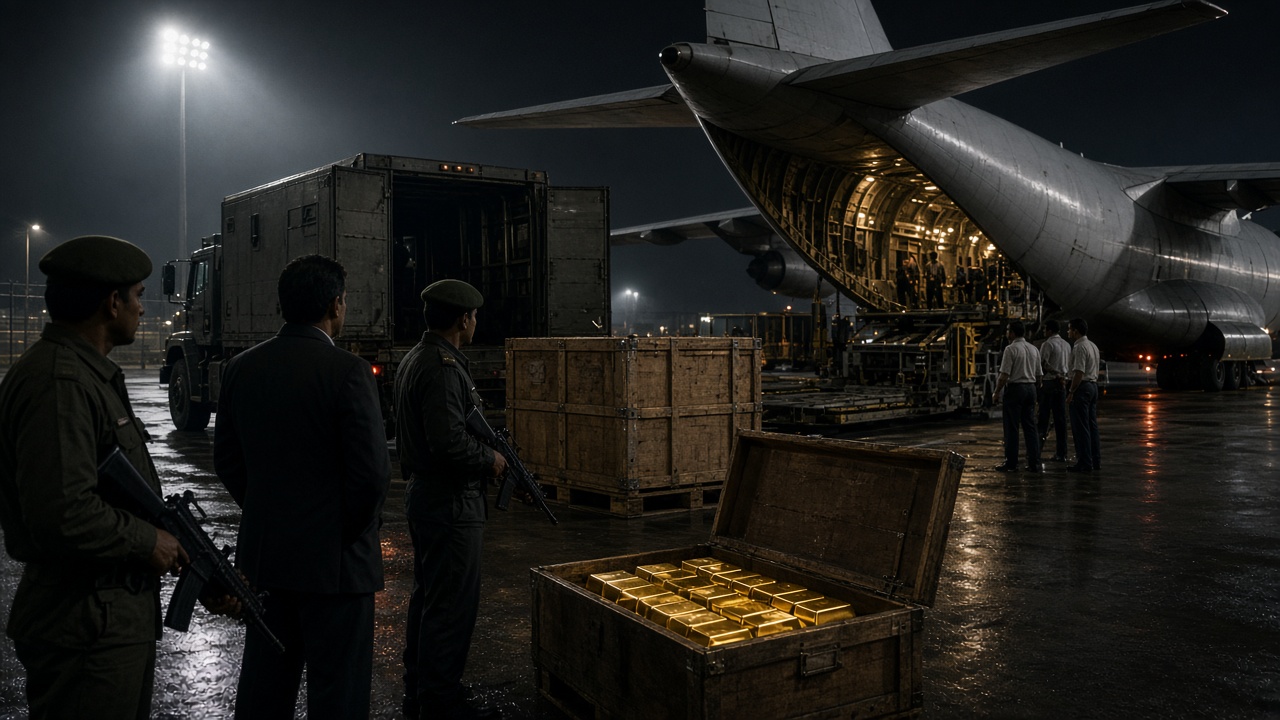 Armed guards and officials at night watching crates of gold bars being loaded from an armoured van onto a cargo aircraft under floodlights