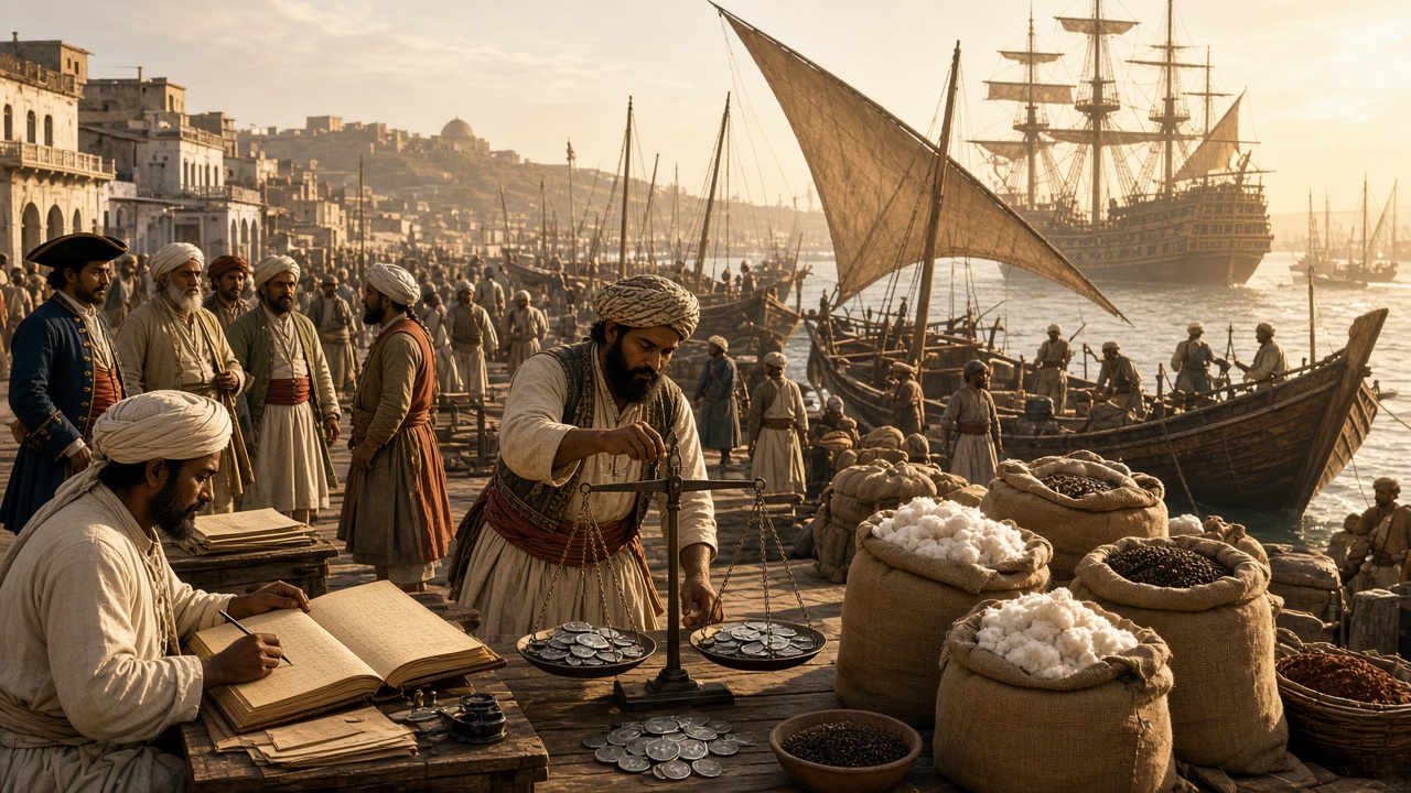 18th-century Indian port with merchants weighing silver rupee coins on scales beside dhows, a sailing ship, and sacks of cotton and spices