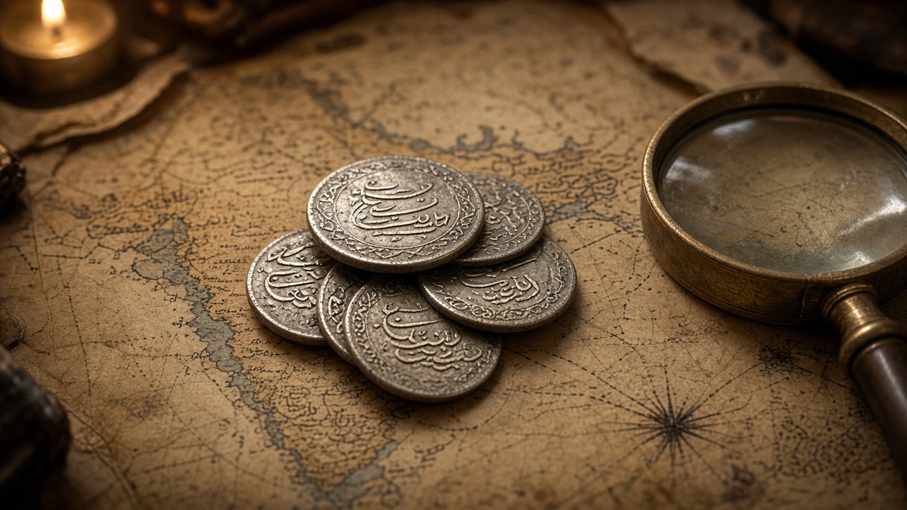 Antique silver rupee coins with Persian calligraphy resting on an old map of the Indian subcontinent beside a brass magnifying glass
