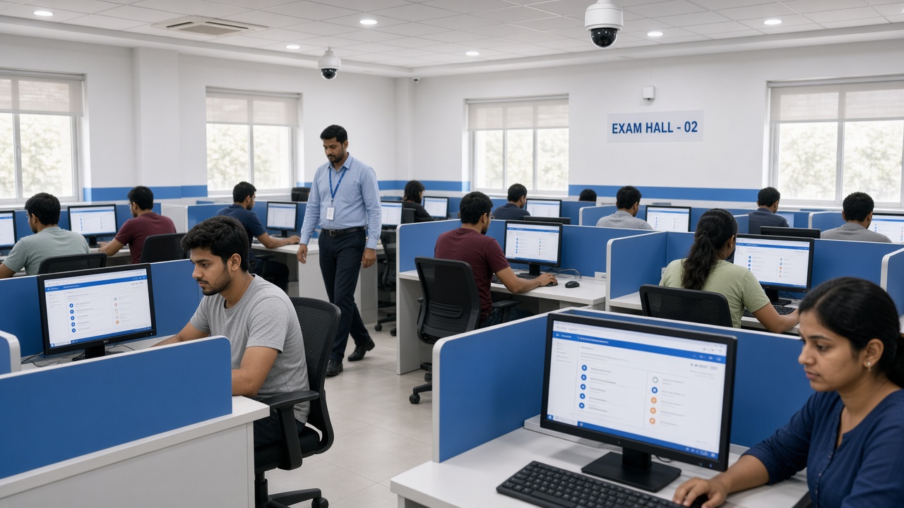 Candidates taking an online entrance exam on computers in partitioned rows at a modern Indian test centre with CCTV cameras and an invigilator