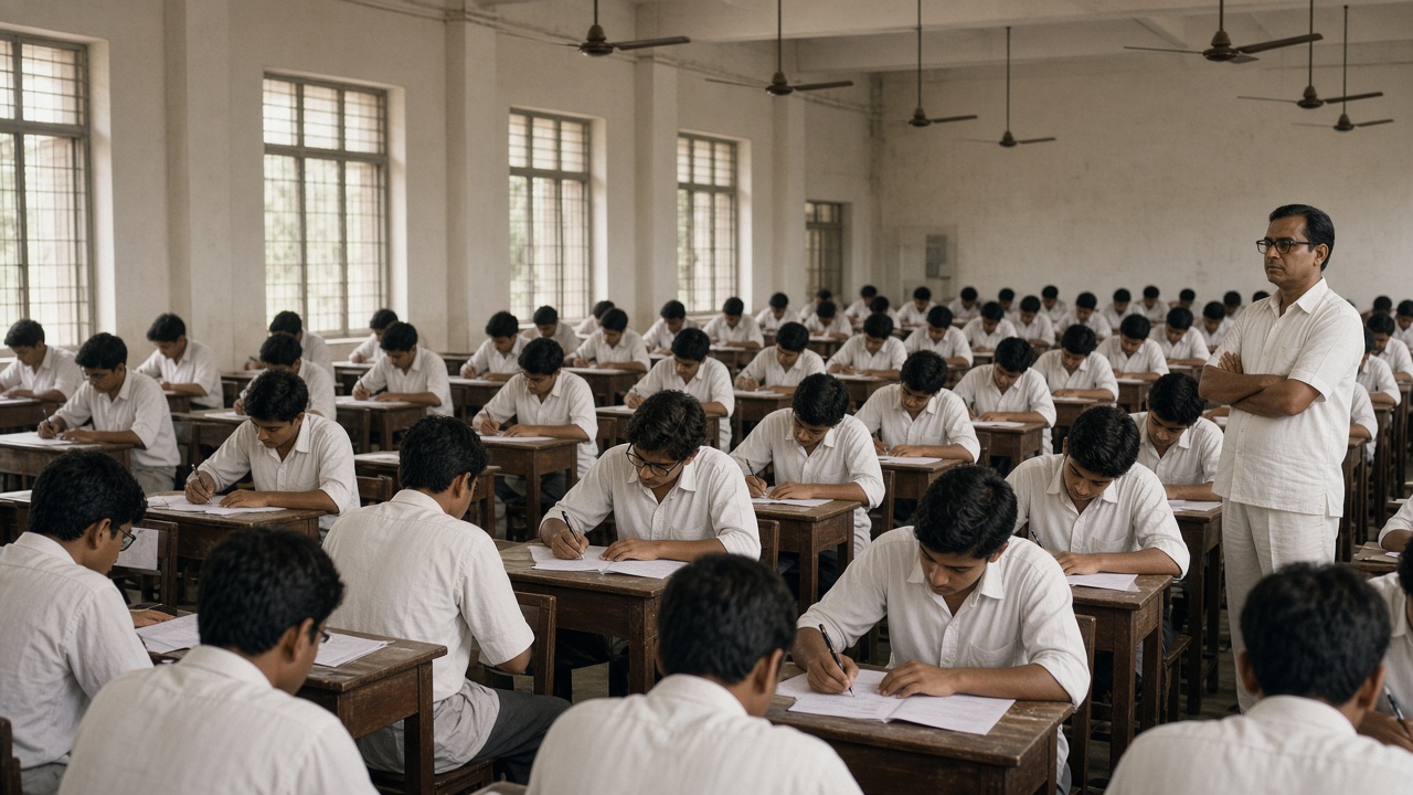 1960s Indian students in white shirts writing an engineering entrance exam at wooden desks in a large hall with ceiling fans and an invigilator