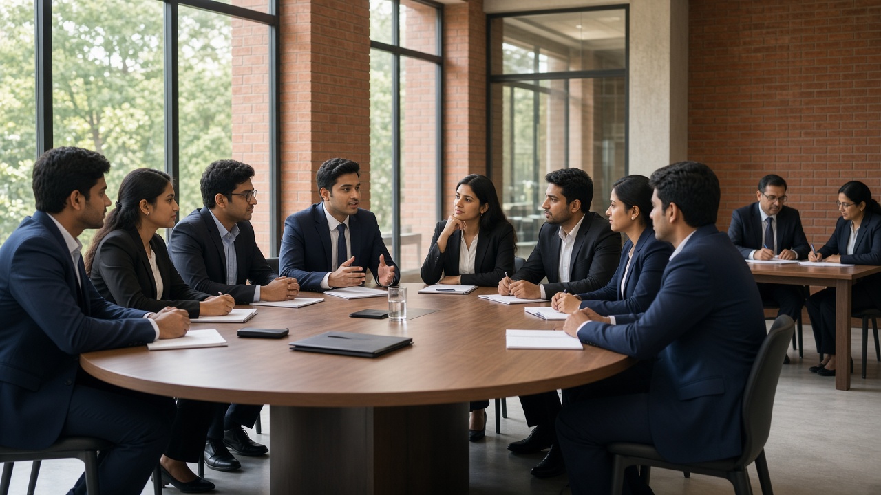 Young candidates in formal clothes debating around an oval table in a group discussion round while faculty panel members take notes