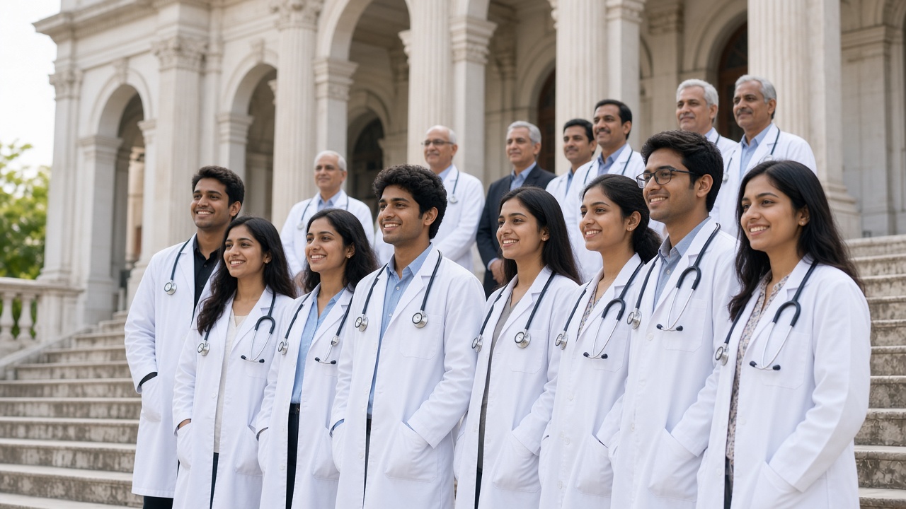 First-year MBBS students in new white coats with stethoscopes smiling on the steps of a heritage Indian medical college with faculty behind