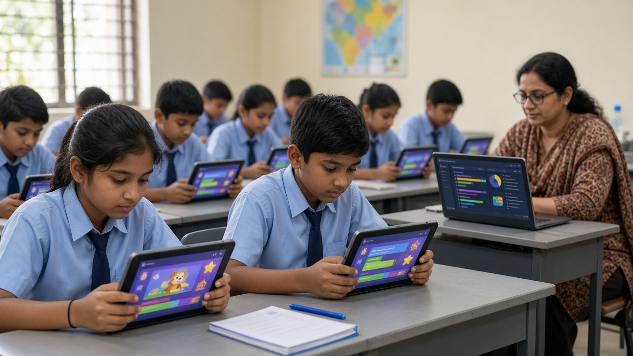 Indian school students in uniforms using tablets with adaptive learning apps while a teacher views a class analytics dashboard