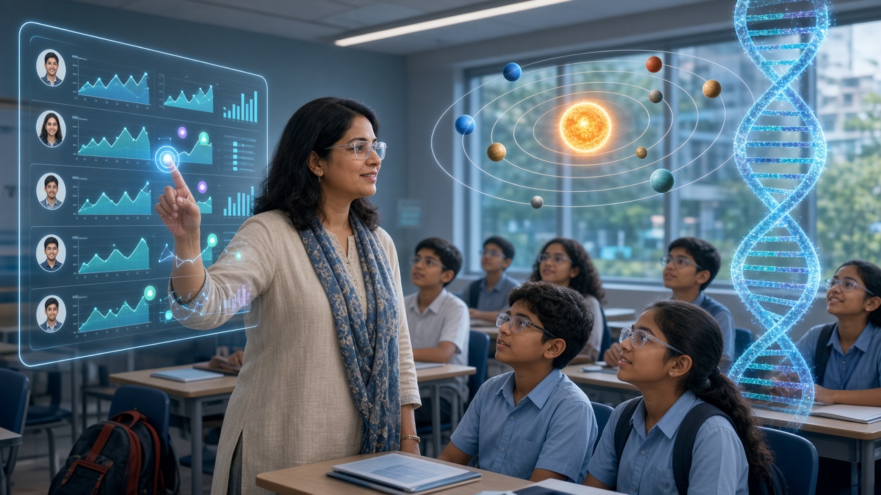Indian teacher using a transparent AI dashboard of student progress while students with AR glasses explore 3D models of the solar system and DNA