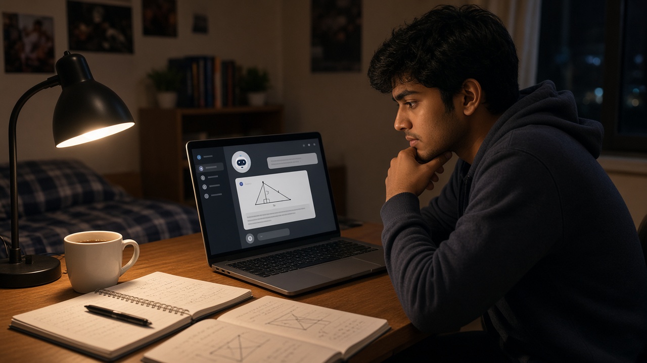 Indian college student studying at night with a generative AI chat tutor explaining a geometry diagram on a laptop