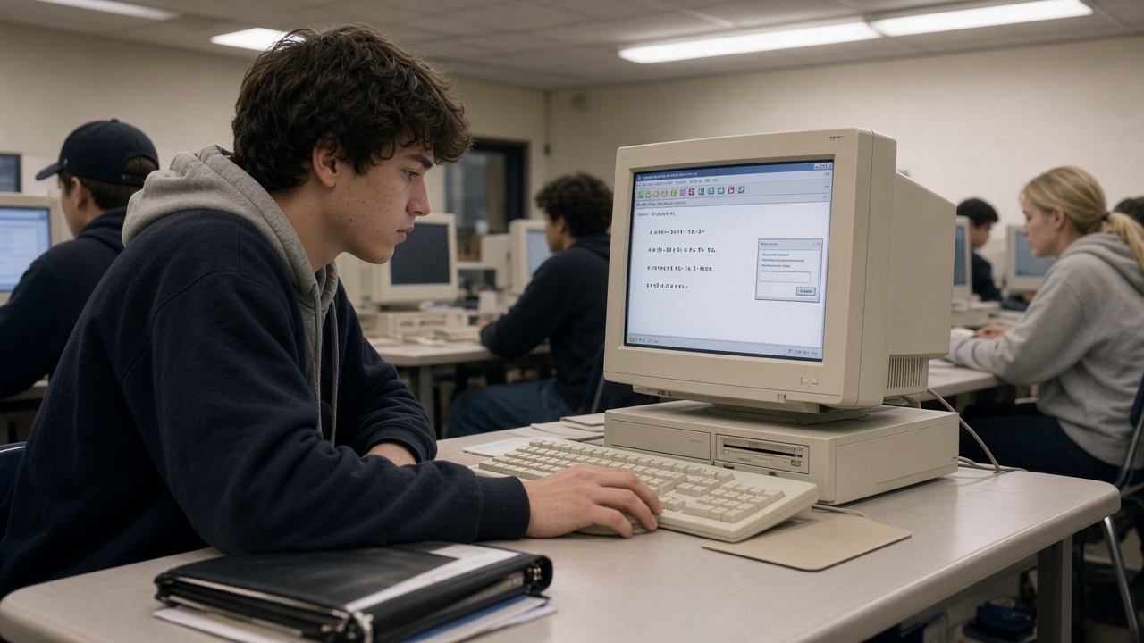 1990s teenage student solving algebra problems with hints on a beige CRT computer in a school lab