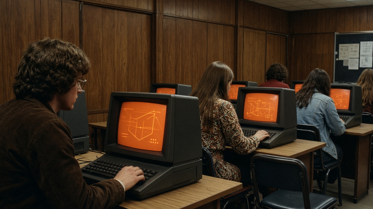 1970s college students using early computer terminals with glowing orange plasma screens in a wood-panelled lab