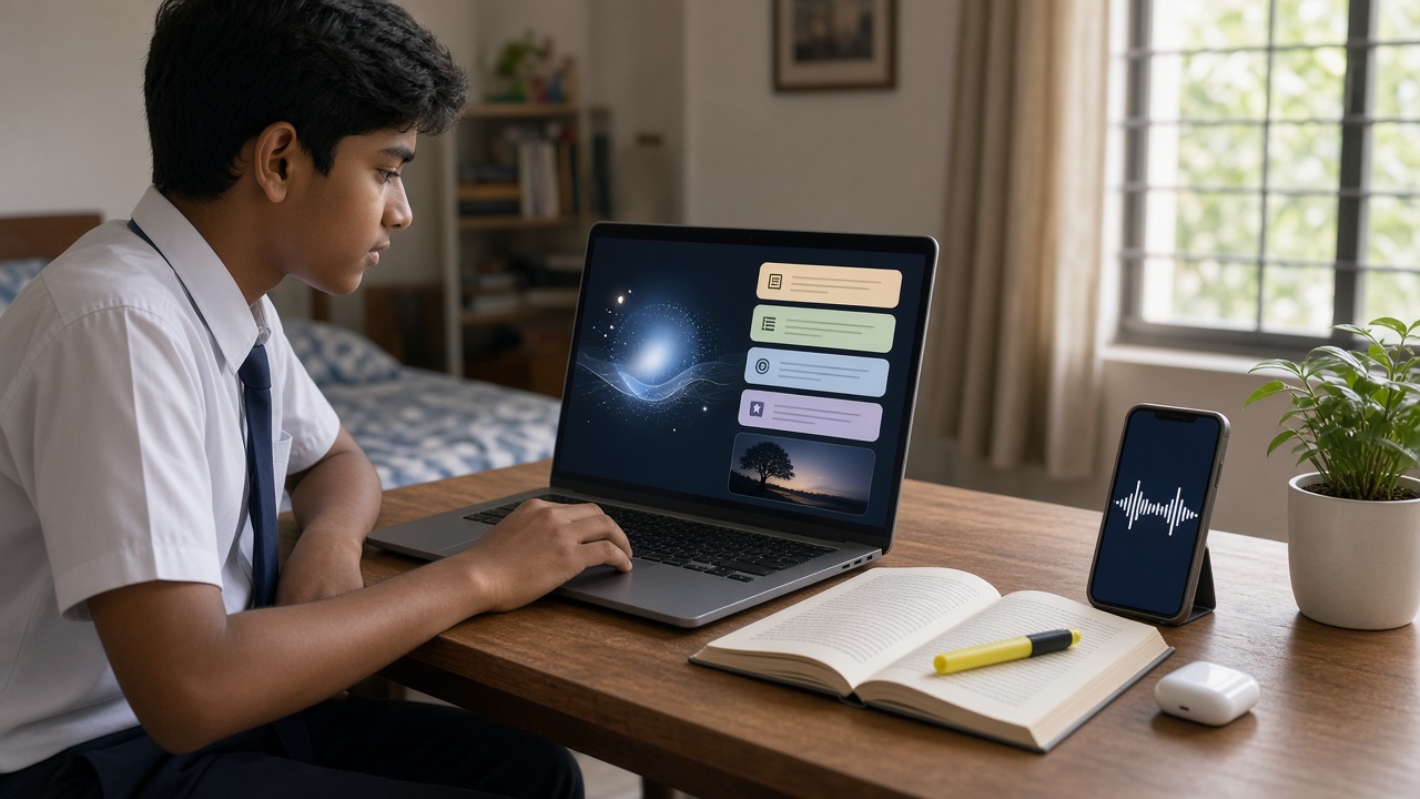 School student at a desk looking at a laptop showing a glowing AI assistant panel with colourful summary cards, beside an open printed book with a yellow highlighter, a smartphone on a stand showing an audio waveform, an earbuds case, and a potted plant by the window