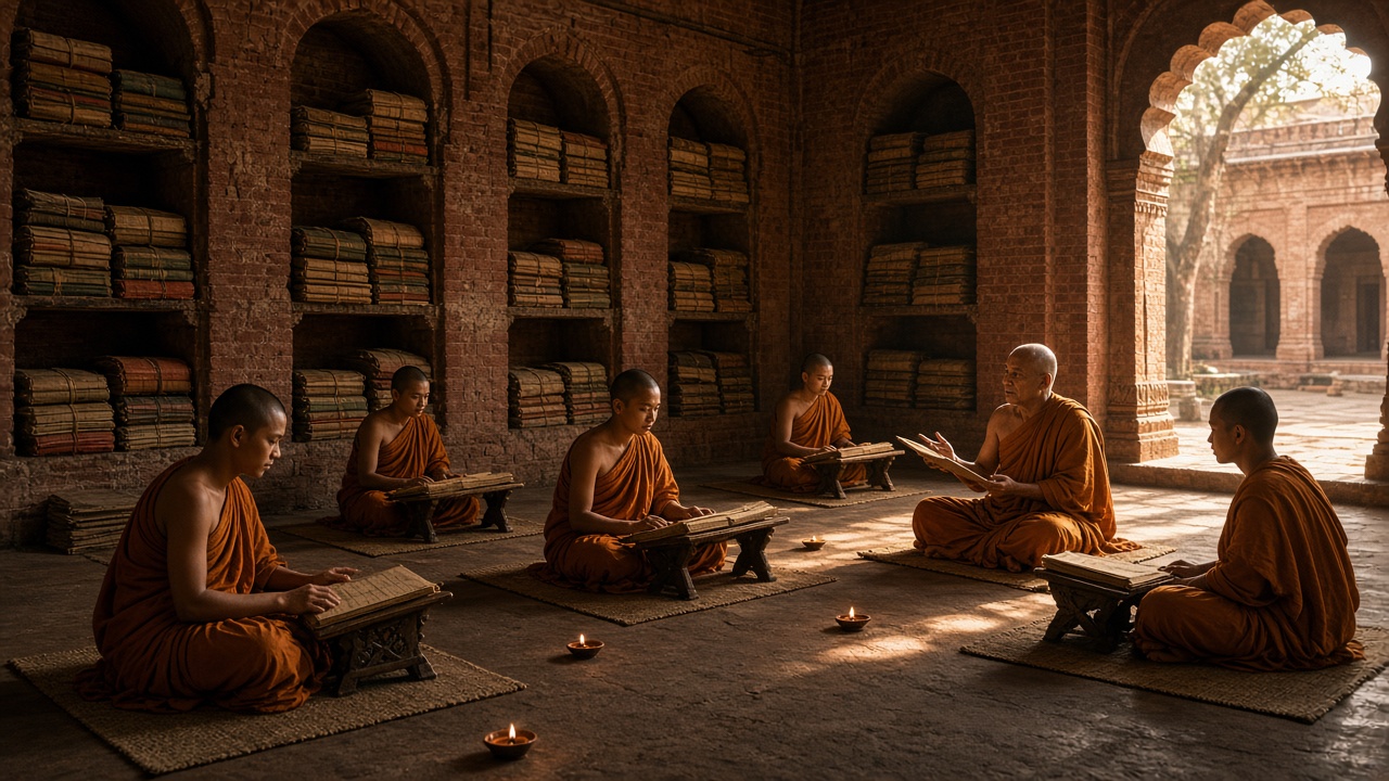 Ancient red-brick monastery library with arched niches stacked with cloth-wrapped palm-leaf manuscripts, young monks in saffron robes sitting cross-legged on mats reading at low wooden stands, an older teacher explaining, and small oil lamps on the floor