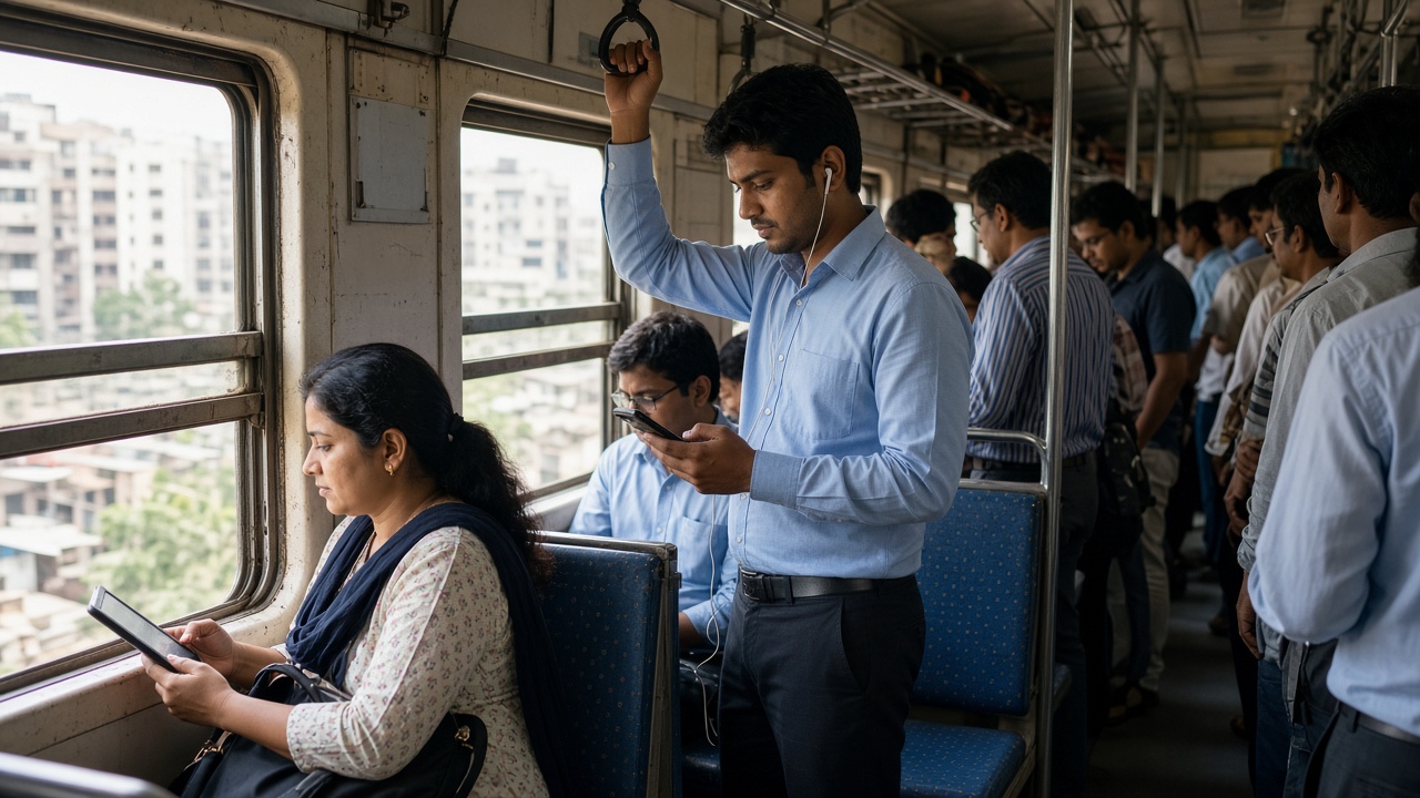Crowded suburban train compartment where a young office worker holding the overhead handle listens to a book through wired earphones on his smartphone, while a woman in the window seat reads on a slim e-reader, with other commuters and city buildings outside