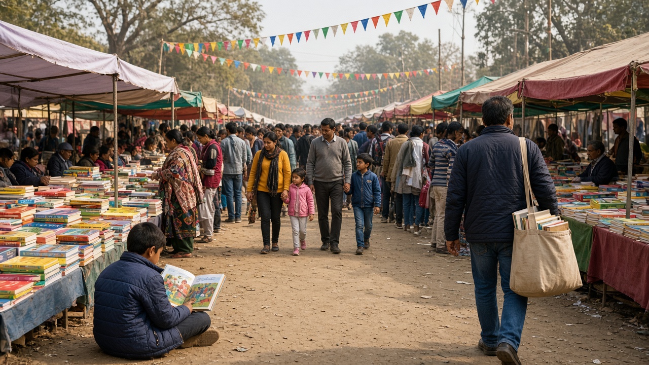 Crowded Indian book fair on a hazy winter afternoon with families and students walking between rows of canopied stalls piled with colourful books, a boy sitting on the ground absorbed in a picture book, a man carrying a cloth bag full of books, and colourful bunting overhead