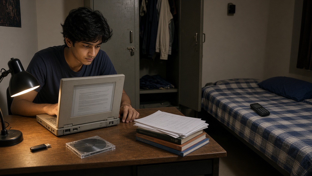 College student in a hostel room at night reading a text page on a bulky old laptop, with a desk lamp, a USB pen drive, a CD case, a stack of photocopied notes and paperbacks on the desk, an open steel cupboard, and a keypad mobile phone on the bed