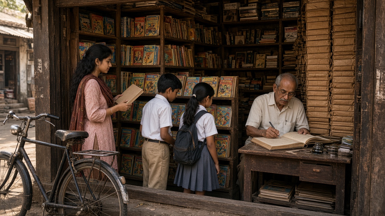 1980s neighbourhood lending library shop with wooden racks crammed with colourful comics and brown-paper-covered paperbacks, two school children in uniforms choosing comics, a young woman looking at a novel, and an elderly owner writing in a thick register at a wooden desk, with a bicycle parked outside