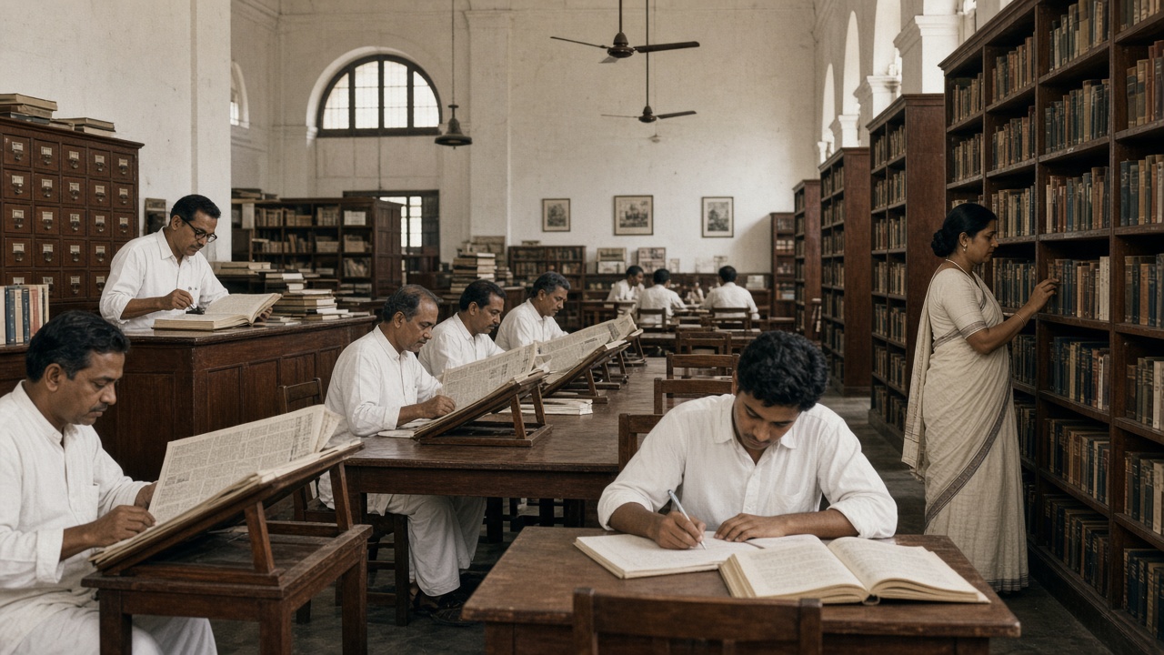 1950s public library reading room with men in white kurtas reading broadsheet newspapers on sloped wooden stands, a student writing notes from a thick book, a woman in a cotton sari browsing tall wooden shelves, and a librarian with spectacles at a counter beside a card catalogue cabinet, under slow ceiling fans