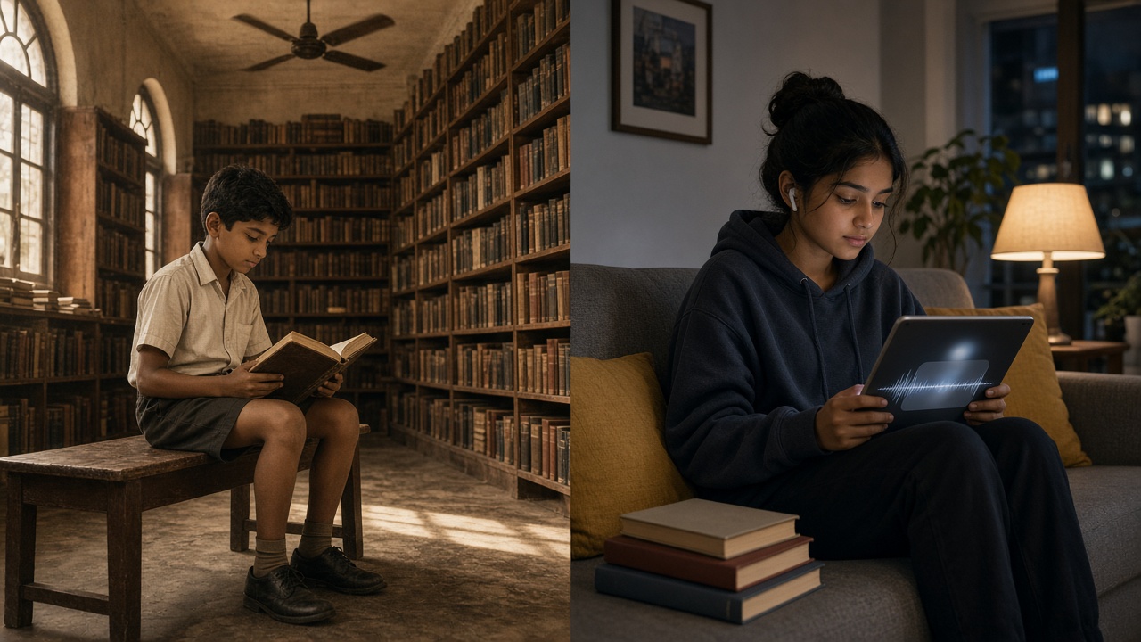 Split image with a boy in shorts reading a thick hardbound book on a wooden bench in an old library with tall shelves and arched windows on the left, and a teenage girl on a sofa with wireless earbuds holding a tablet showing an audio waveform beside a stack of books on the right
